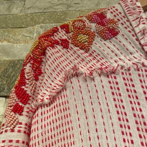 Johnny Was S Embroidered Beaded Top | Red Boho Tunic Peasant Blouse + Pockets - Picture 8 of 12
